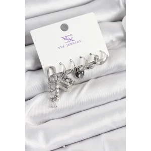 Pirinç Zİrkon Taşlı Dikdörtgen Model Gümüş Renk 3lü Çift Kadın Küpe