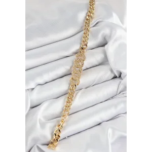 Pirinç Zirkon Taşlı Ezme Küba Zincir Model Gold Renk Kadın Bileklik