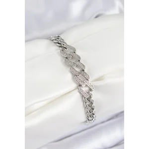Pirinç Zirkon Taşlı Ezme Küba Zincir Model Gümüş Renk Kadın Bileklik