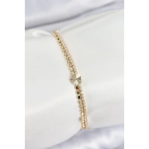 Pirinç Zirkon Taşlı Ezme Zincirli Kalp Model Gold Renk Kadın Bilekilk