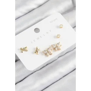 Pirinç Zirkon Taşlı Fiyonk Model Gold Renk 925 Ayar Gümüş Çivi Kadın Küpe Set