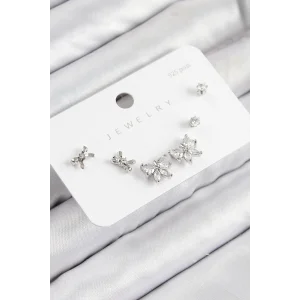 Pirinç Zirkon Taşlı Fiyonk Model Gümüş Renk 925 Ayar Gümüş Çivi Kadın Küpe Set