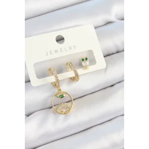 Pirinç Zirkon Taşlı Göz Ve Baykuş Model Gold Renk 3lü Çift Kadın Küpe Set