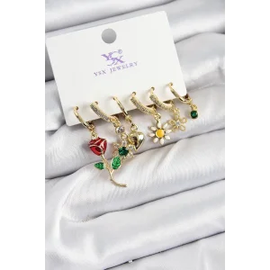 Pirinç Zİrkon Taşlı Gül Ve Papatya Model Gold Renk 3lü Çift Kadın Küpe