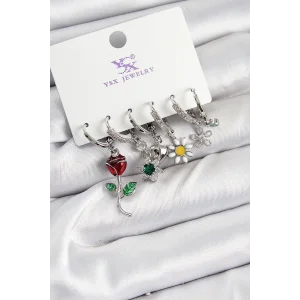 Pirinç Zİrkon Taşlı Gül Ve Papatya Model Gümüş Renk 3lü Çift Kadın Küpe