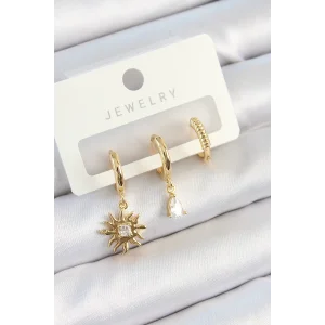 Pirinç Zirkon Taşlı Güneş Model Gold Renk 3lü Çift Kadın Küpe Set