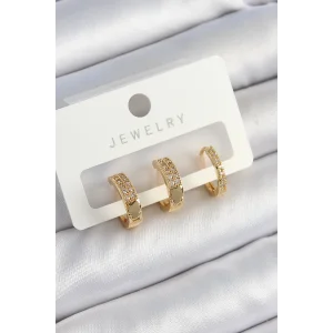 Pirinç Zirkon Taşlı Halka Model Gold Renk 3lü Çift Kadın Küpe Set