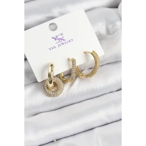 Pirinç Zİrkon Taşlı Halka Model Gold Renk 3lü Kadın Küpe