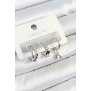 Pirinç Zirkon Taşlı Halka Model Gümüş Renk 3lü Çift Kadın Küpe Set