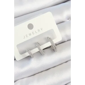 Pirinç Zirkon Taşlı Halka Model Gümüş Renk 3lü Çift Kadın Küpe Set