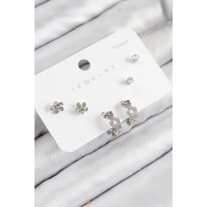 Pirinç Zirkon Taşlı Halka Model Gümüş Renk 925 Ayar Gümüş Çivi Kadın Küpe Set