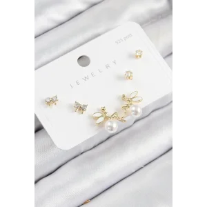 Pirinç Zirkon Taşlı İnci Melek Model Gold Renk 925 Ayar Gümüş Çivi Kadın Küpe Set