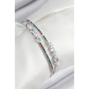 Pirinç Zirkon Taşlı İnci Model Gümüş Renk Kadın Bileklik