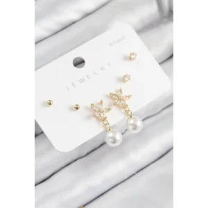 Pirinç Zirkon Taşlı İnci Sallantılı Çiçek Model Gümüş Renk 925 Ayar Gümüş Çivi Kadın Küpe Set