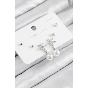 Pirinç Zirkon Taşlı İnci Sallantılı Çiçek Model Gümüş Renk 925 Ayar Gümüş Çivi Kadın Küpe Set