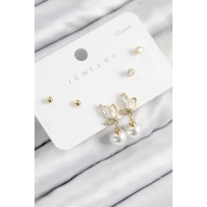 Pirinç Zirkon Taşlı İnci Sallantılı Damla Model Gold Renk 925 Ayar Gümüş Çivi Kadın Küpe Set