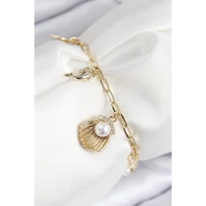 Pirinç Zirkon Taşlı İncili İstiridye Model Gold Renk Kadın Bileklik