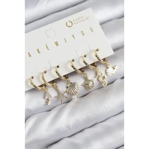Pirinç Zirkon Taşlı İstiridye Balina Ve Yıldız Gold Renk 6lı Küpe Set