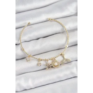 Pirinç Zirkon Taşlı İstiridye Ve Deniz Yıldızı Model Gold Renk Charm Bileklik