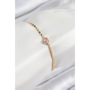 Pirinç Zirkon Taşlı Kalp Model Ezme Zincir Gold Renk Kadın Bileklik