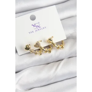 Pirinç Zİrkon Taşlı Kalp Model Gold Renk 3lü Kadın Küpe