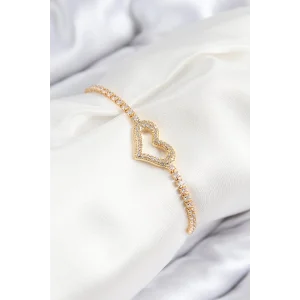 Pirinç Zirkon Taşlı Kalp Model Gold Renk Asansörlü Kadın Bileklik