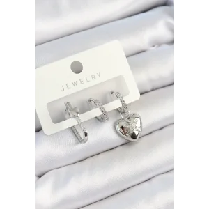 Pirinç Zirkon Taşlı Kalp Model Gümüş Renk 3lü Çift Kadın Küpe Set