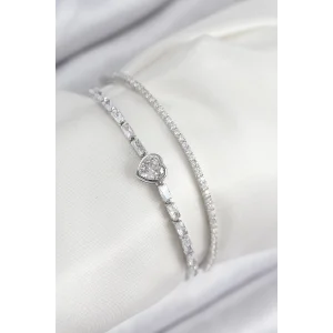 Pirinç Zirkon Taşlı Kalp Model Gümüş Renk Kadın Bileklik