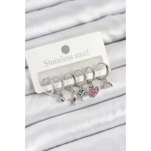 Pirinç Zirkon Taşlı Karpuz Yonca Kalp Pusula Karışık Model Gümüş Renk 6lı Set Kadın Küpe