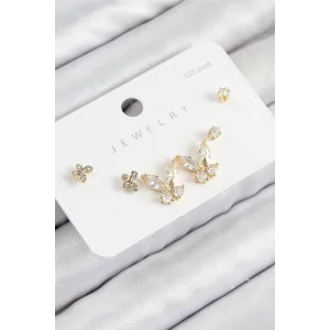 Pirinç Zirkon Taşlı Kelebek Model Gold Renk 925 Ayar Gümüş Çivi Kadın Küpe Set