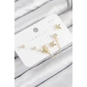 Pirinç Zirkon Taşlı Kelebek Model Gold Renk 925 Ayar Gümüş Çivi Kadın Küpe Set
