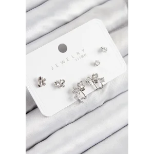 Pirinç Zirkon Taşlı Kelebek Model Gümüş Renk 925 Ayar Gümüş Çivi Kadın Küpe Set