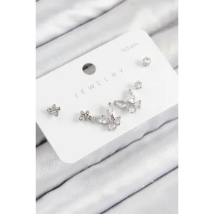 Pirinç Zirkon Taşlı Kelebek Model Gümüş Renk 925 Ayar Gümüş Çivi Kadın Küpe Set