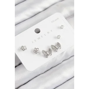 Pirinç Zirkon Taşlı Kelebek Model Gümüş Renk 925 Ayar Gümüş Çivi Kadın Küpe Set