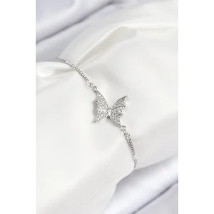 Pirinç Zirkon Taşlı Kelebek Model Gümüş Renk Asansörlü Kadın Bileklik