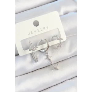 Pirinç Zirkon Taşlı Kelebek Ve Sallantılı Yıldız Model Gümüş Renk 3lü Çift Kadın Küpe Set