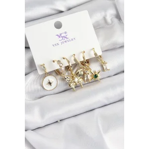 Pirinç Zİrkon Taşlı Kelebek ve Yıldız Model Gold Renk 3lü Çift Kadın Küpe