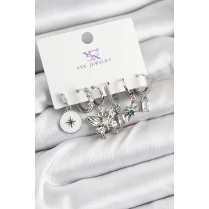 Pirinç Zİrkon Taşlı Kelebek ve Yıldız Model Gümüş Renk 3lü Çift Kadın Küpe