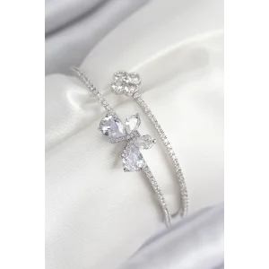 Pirinç Zirkon Taşlı Kelebek Ve Yonca Model Gümüş Renk Kadın Bileklik