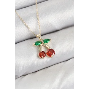 Pirinç Zirkon Taşlı Kiraz Model Gold Renk Kadın Kolye