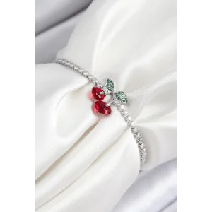 Pirinç Zirkon Taşlı Kiraz Model Gümüş Renk Asansörlü Kadın Bileklik