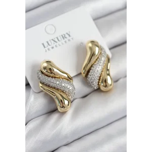 Pirinç Zirkon Taşlı Kıvrım Model Gold Renk Kadın Küpe