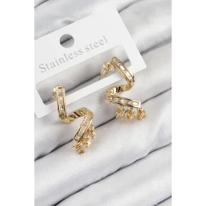 Pirinç Zirkon Taşlı Kıvrımlı Model Gold Renk Kadın Küpe