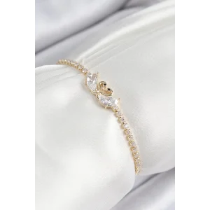 Pirinç Zirkon Taşlı Kuğu Model Gold Renk Asansörlü Kadın Bileklik