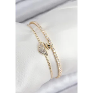 Pirinç Zirkon Taşlı Kuğu Model Gold Renk Kadın Bileklik