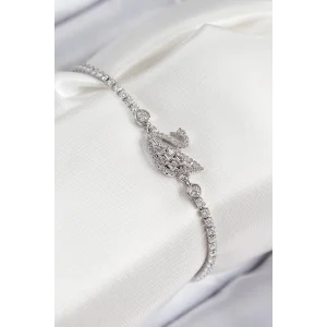 Pirinç Zirkon Taşlı Kuğu Model Gümüş Renk Kadın Bileklik