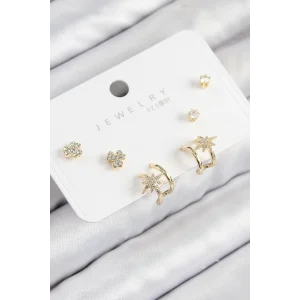 Pirinç Zirkon Taşlı Kutup Yıldızı Model Gold Renk 925 Ayar Gümüş Çivi Kadın Küpe Set