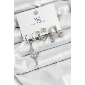 Pirinç Zİrkon Taşlı Kutup Yıldızı Model Gümüş Renk 3lü Çift Kadın Küpe