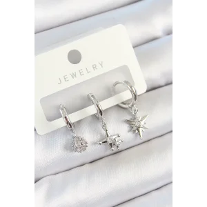 Pirinç Zirkon Taşlı Kutup Yıldızı Model Gümüş Renk 3lü Çift Kadın Küpe Set