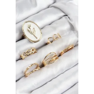 Pirinç Zirkon Taşlı Lale Model Gold Renk Kadın Yüzük Kombin Set